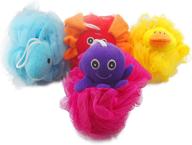 🛁 exfoliating shower loofah sponge pouf with animal toys - bath spa scrubber ball for kids - rich foaming body pouf - pack of 4 (4.7" each) logo