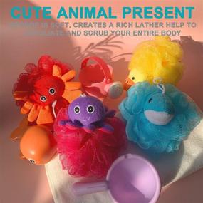 img 2 attached to 🛁 Exfoliating Shower Loofah Sponge Pouf with Animal Toys - Bath Spa Scrubber Ball for Kids - Rich Foaming Body Pouf - Pack of 4 (4.7" Each)