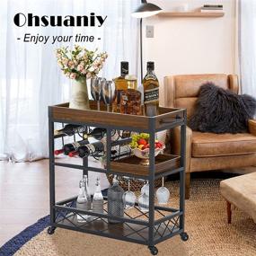 img 3 attached to 🍾 Ohsuaniy Industrial Kitchen Bar Cart with 3 Tier Storage, Wine Rack, Glasses Holder, Two Portable Trays, Universal Casters with Brakes - Rustic Rolling Cart for Home and Alcoholic Beverages