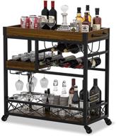 🍾 ohsuaniy industrial kitchen bar cart with 3 tier storage, wine rack, glasses holder, two portable trays, universal casters with brakes - rustic rolling cart for home and alcoholic beverages logo