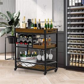 img 2 attached to 🍾 Ohsuaniy Industrial Kitchen Bar Cart with 3 Tier Storage, Wine Rack, Glasses Holder, Two Portable Trays, Universal Casters with Brakes - Rustic Rolling Cart for Home and Alcoholic Beverages