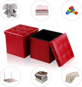 img 1 attached to 🍷 Wine Red Faux Leather Large Storage Ottoman Cube (2-Pack) - 15x15x15 Inches Folding Chest with Lids, Memory Foam Seat, Tufted Trunk Design - Bedroom Ottomans Cube, Foot Rest Stool