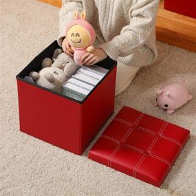 img 2 attached to 🍷 Wine Red Faux Leather Large Storage Ottoman Cube (2-Pack) - 15x15x15 Inches Folding Chest with Lids, Memory Foam Seat, Tufted Trunk Design - Bedroom Ottomans Cube, Foot Rest Stool