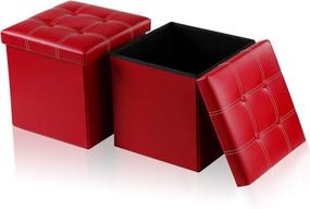 img 4 attached to 🍷 Wine Red Faux Leather Large Storage Ottoman Cube (2-Pack) - 15x15x15 Inches Folding Chest with Lids, Memory Foam Seat, Tufted Trunk Design - Bedroom Ottomans Cube, Foot Rest Stool