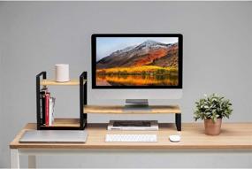 img 2 attached to Multifunctional Wood and Metal Monitor Stand Riser with Book Shelves - Boost Efficiency in Home Office