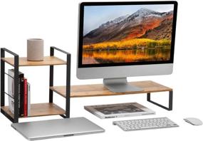 img 1 attached to Multifunctional Wood and Metal Monitor Stand Riser with Book Shelves - Boost Efficiency in Home Office