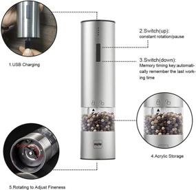 img 2 attached to 🌶️ Rechargeable Stainless Steel Pepper Mill with LED Light - MSD Electric Salt and Pepper Grinder, USB Powered One-Handed Push Button Peppercorn Grinder and Sea Salt Mill (1, Silver)