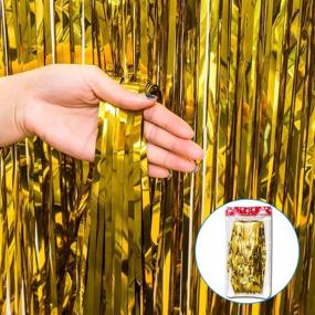 img 1 attached to Glamorous Gold Foil Curtains - 2 Pack 3.2 ft x 8.2 ft Metallic Fringe Curtains with Shimmer Tinsel Backdrop for Birthday, Wedding, Party, Christmas Decorations