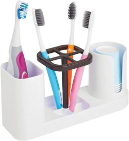 img 2 attached to 💡 mDesign Compact Plastic Bathroom Vanity Organizer for Electric Spin Toothbrushes and Toothpaste - Includes Compartment for Rinse Cups - White/Bronze Finish