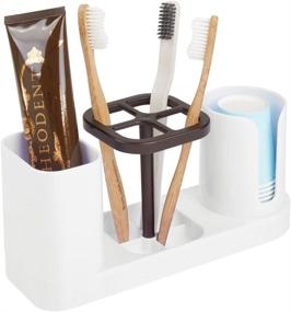 img 1 attached to 💡 mDesign Compact Plastic Bathroom Vanity Organizer for Electric Spin Toothbrushes and Toothpaste - Includes Compartment for Rinse Cups - White/Bronze Finish