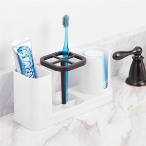 img 3 attached to 💡 mDesign Compact Plastic Bathroom Vanity Organizer for Electric Spin Toothbrushes and Toothpaste - Includes Compartment for Rinse Cups - White/Bronze Finish