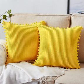 img 4 attached to 🛋️ Stylish Bedwin 2pcs 18x18 Yellow Throw Pillow Covers with Pom Poms - Perfect for Couch, Farmhouse Outdoor Cushions & Bedroom Sofas