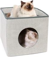 🐱 primepets cat cube: foldable cat condo for indoor cats with reversible cushions, grey scratch-resistant house – sleeping bed and laying surface, dimensions: 13.4x13.4x13.8’’ logo