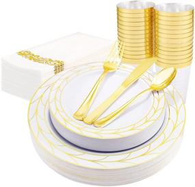 img 4 attached to 🎄 COLOSUS 175PCS Christmas Gold Plastic Plates Set with Silverware & Cups - Festive Tableware for 25 Guests