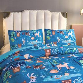 img 2 attached to 🌲 Holawakaka Kids Forest Comforter Set Twin Size: Cute Cartoon Woodlands Bedding with Animal Bear Fox Rabbit Tree Print - Blue, Twin