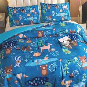 img 3 attached to 🌲 Holawakaka Kids Forest Comforter Set Twin Size: Cute Cartoon Woodlands Bedding with Animal Bear Fox Rabbit Tree Print - Blue, Twin