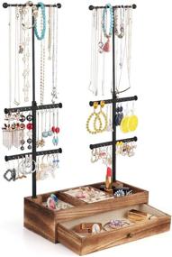 img 4 attached to Carbonized Black Double Rods & 6 Tiers Miratino Jewelry Organizer Stand with Rustic Wood Drawer Storage Base for Necklaces, Bracelets, Earrings, and Rings Display