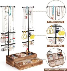 img 2 attached to Carbonized Black Double Rods & 6 Tiers Miratino Jewelry Organizer Stand with Rustic Wood Drawer Storage Base for Necklaces, Bracelets, Earrings, and Rings Display