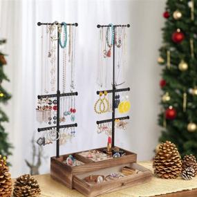 img 3 attached to Carbonized Black Double Rods & 6 Tiers Miratino Jewelry Organizer Stand with Rustic Wood Drawer Storage Base for Necklaces, Bracelets, Earrings, and Rings Display
