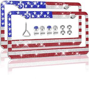img 3 attached to USA Flag License Plate Frames - Set of 2 Bedazzled Bling Rhinestone License Plate Frame for Patriots - Novelty License Plate Frames for Men with Funny Glitter Diamond Holder, 3D American Flag Cover - Includes Gift Box