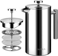 ☕ bayka french press coffee maker: premium stainless steel, 4-level filtration, 34oz capacity, dishwasher safe - silver logo