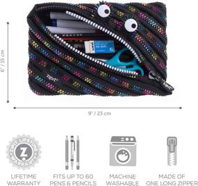 img 1 attached to 🖍️ Large Monster Pencil Pouch for Kids with Zippered Closure - Holds up to 60 Pens - Black & Rainbow Design