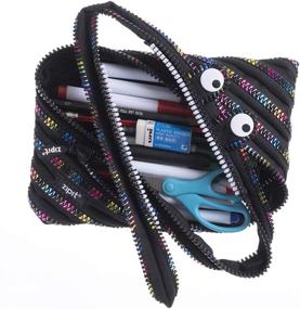 img 3 attached to 🖍️ Large Monster Pencil Pouch for Kids with Zippered Closure - Holds up to 60 Pens - Black & Rainbow Design