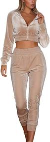 img 4 attached to 👚 Velvet Zip Crop Top and Jogger Pants Outfit for Women - 2 Piece Tracksuit Set