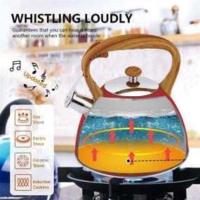 img 1 attached to 🔴 Stainless Steel Whistling Tea Kettle with Heat Proof Wood Pattern Handle - 3L Teapot for All Heat Sources, Loud Whistle, Anti-Rust - Red, Food Grade