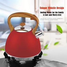 img 2 attached to 🔴 Stainless Steel Whistling Tea Kettle with Heat Proof Wood Pattern Handle - 3L Teapot for All Heat Sources, Loud Whistle, Anti-Rust - Red, Food Grade