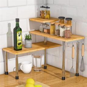 img 4 attached to 🎋 Bamboo 3-Tier Kitchen Countertop Organizer with Hooks - Bathroom Storage Display Rack, Spice Shelf, Bookshelf, Desk Organizer