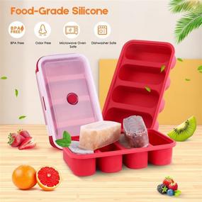 img 3 attached to Large Silicone Freezer Trays for Soup, Ice Cubes, Food Storage & Sauce - Giant 4 Cube Molds with Lid (Red)