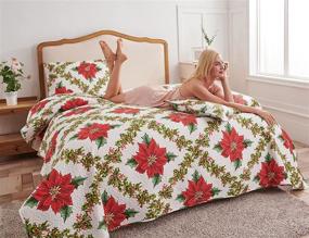 img 3 attached to 🎄 King Size Poinsettia Christmas Flower Quilt Set - Red Green Lightweight Reversible Quilt for Xmas, Floral Leaves Bedspread Coverlet, Plaid Christmas Bedding Set