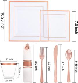 img 3 attached to 🌹 175-Piece Rose Gold Plastic Plates Set – Disposable Rose Gold Dinnerware, includes 25 Dinner Plates, 25 Dessert Plates, 25 Pre-Rolled Napkins with Rose Gold Silverware, and 25 Cups - Ideal for Christmas Day Celebration