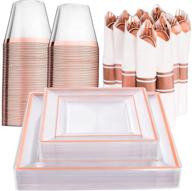 🌹 175-piece rose gold plastic plates set – disposable rose gold dinnerware, includes 25 dinner plates, 25 dessert plates, 25 pre-rolled napkins with rose gold silverware, and 25 cups - ideal for christmas day celebration logo