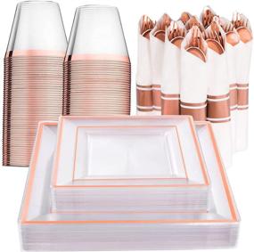 img 4 attached to 🌹 175-Piece Rose Gold Plastic Plates Set – Disposable Rose Gold Dinnerware, includes 25 Dinner Plates, 25 Dessert Plates, 25 Pre-Rolled Napkins with Rose Gold Silverware, and 25 Cups - Ideal for Christmas Day Celebration