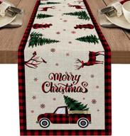 farmhouse christmas truck cotton linen table runner - red buffalo plaid, 90 inches long: perfect for home, dining, wedding, party, holiday decorations logo