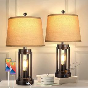 img 4 attached to 💡 Modern Black Farmhouse Table Lamps with USB Ports and AC Outlet - Set of 2, 3-Way Dimmable Touch Lamps for Bedroom, Living Room, and Reading - Includes Bulbs