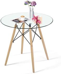 img 4 attached to 🍽️ Стеклянный кухонный обеденный стол с деревянными ножками - современный круглый журнальный стол для гостиной и офиса - круглый стеклянный обеденный стол для конференций (круглый стол стеклянный)