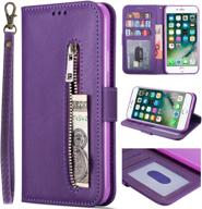 women's iphone 7 plus/8 plus wallet phone case - kudex flip leather with shockproof magnetic zipper pocket, card slot holder, stand, and wrist strap (purple) logo