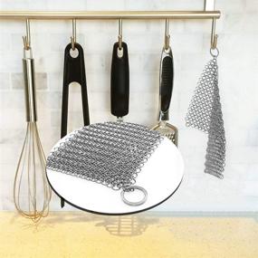 img 2 attached to 7x7 Inch Square Cast Iron Cleaner - Stainless Steel Chainmail Scrubber, Skillet Grill Scraper with Hanging Ring - Anti-Rust Design, Ideal for Pre-Seasoned Pans, Waffle Irons, Dutch Ovens