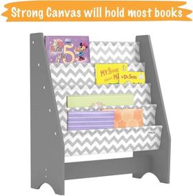 img 1 attached to 📚 Grey Chevron Kids Bookshelf - Wooden Children's Sling Bookcase with Pocket Storage Book Rack in Canvas Gray