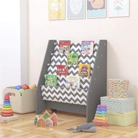 img 2 attached to 📚 Grey Chevron Kids Bookshelf - Wooden Children's Sling Bookcase with Pocket Storage Book Rack in Canvas Gray