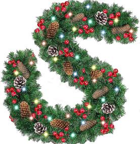 img 4 attached to 🎄 LETIME 9FT Pre-Lit Christmas Garland with 50 LED Lights- Artificial Xmas Pinecone Garland with Red Berries and Pinecones- Lighted Door Garland for Mantle, Fireplace- Indoor/Outdoor Use