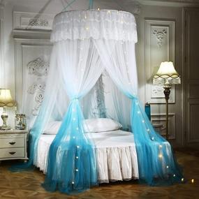 img 4 attached to 👑 Mengersi Princess Bed Canopy with Lights - Round Dome Curtains Mosquito Net Tent for Girls Kids Adults - King Queen Full Bed Size (Blue + White)