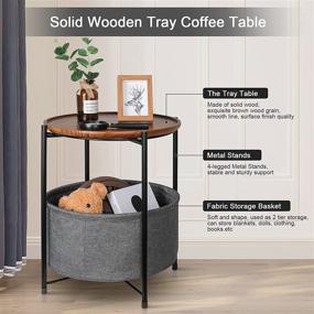 img 3 attached to 🪑 Solid Wood Round Top Fabric Basket End Table with Storage, Metal Frame Accent Furniture for Nursery Bedroom Nightstand, 16.5in Diameter Portable Midum Side Coffee Snack Table (20.7inH)