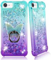 ✨ zase cute case for iphone se 2020/8/7: liquid glitter sparkle & 3d waterfall floating butterflies, gradient aqua purple with phone ring stand - shockproof & stylish! logo