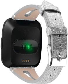 img 3 attached to 🌟 Shangpule Genuine Leather Shiny Bling Replacement Strap for Fitbit Versa/Versa 2/Versa Lite Edition Bands - Stylish Wristband for Women Men, Large Small - Shiny Silver