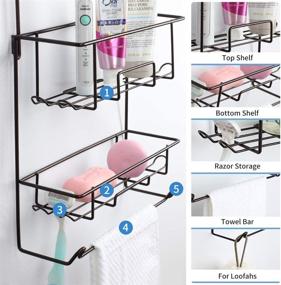 img 2 attached to 🚿 Bronze Shower Caddy Hanging Overhead with 10 Hooks for Razor and Shampoo Organization, Towel Bar and Rust-Proof Shower Rack Storage Shelf