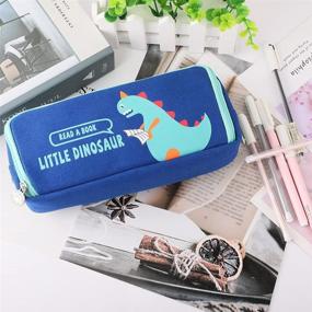 img 1 attached to ISuperb Large Capacity Pencil Case Canvas Cute Stationery Organizer Storage Pouch 3 Compartments Zipper Pencil Bag Cosmetic Bag For Women(Dinosaur Dark Blue)